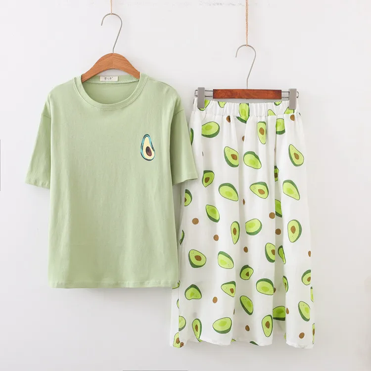 Merry Pretty Summer New 2 Piece Sets Woman Avocado Green Cotton T-shirt+A-line Long Skirt Set Casual Women Clothing Sets