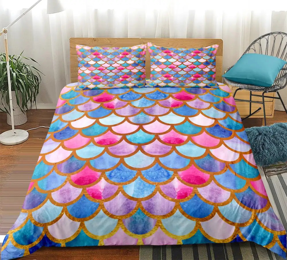 

Mermaid Scale Duvet Cover Set 3-piece Bedding Set Colorful Fish scale Quilt Cover for Kid girls pink Bed Line Microfiber