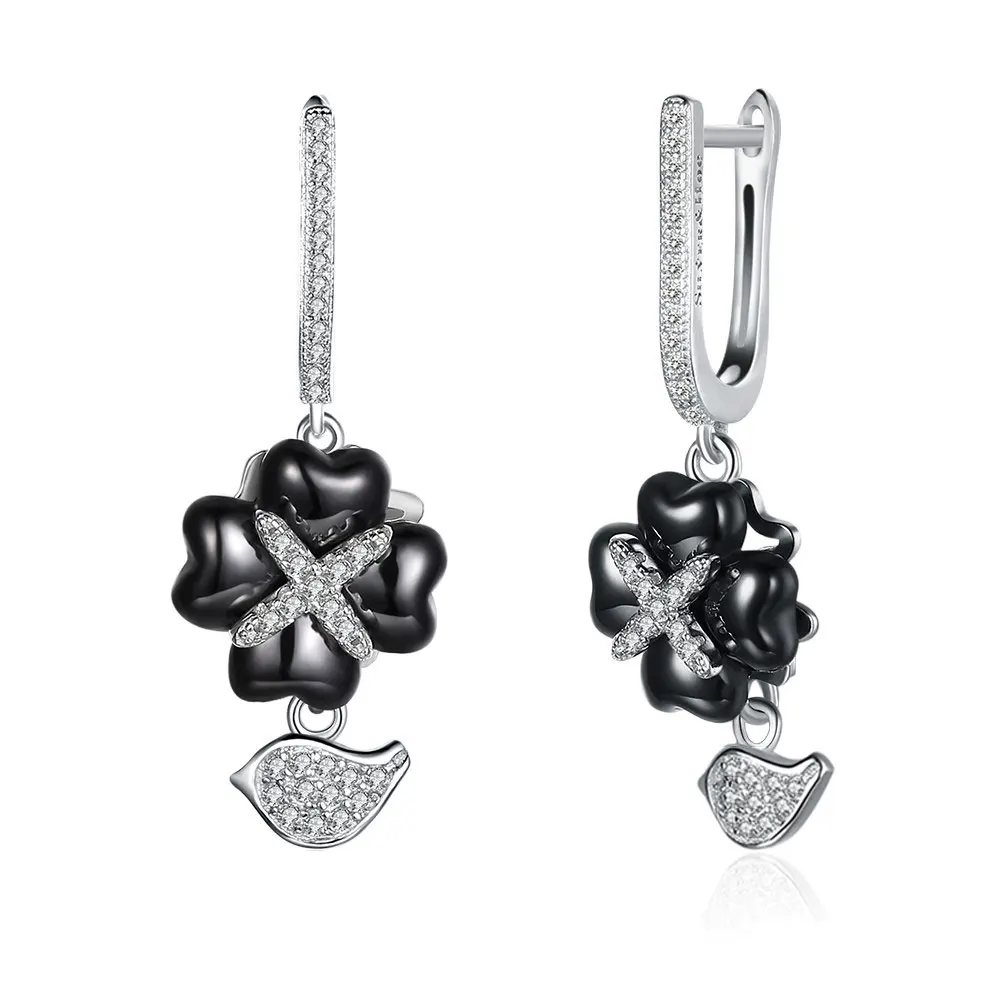 Lady 925 Sterling Silver Dangle Earrings Classic Black Ceramic Four