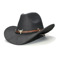 Винтаж Ретро для женщин мужчин Шерсть широкими полями ковбойские пастушка котелок шляпа Fedora кепки голова быка Oxhead плетеный ремень(57 см/отрегулировать