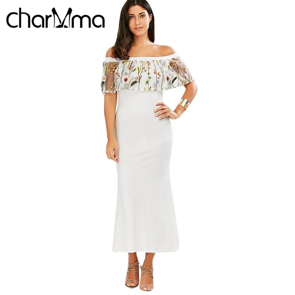 Charmma sexy summer maxi dress женщины с плеча цветочные вышивка mermaid 2017 белый оборками длинные