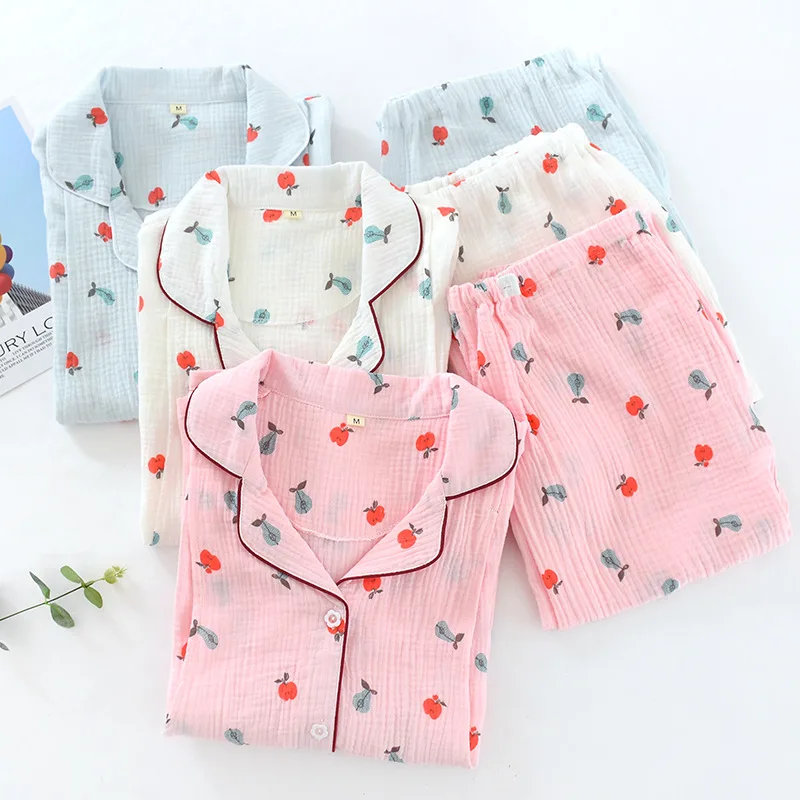 

New Cotton Double Yarn Crepe Pajama Set Long Sleeves Maternity Set Clothes Loungewear Women Sleepwear Printing Home Clothes