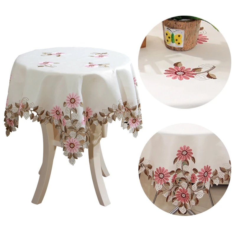 

1Pc Tablecloth Covers Kitchen Dining Table Decorations For Home Embroidered Daisy Flower 85x85cm Square Polyester Satin