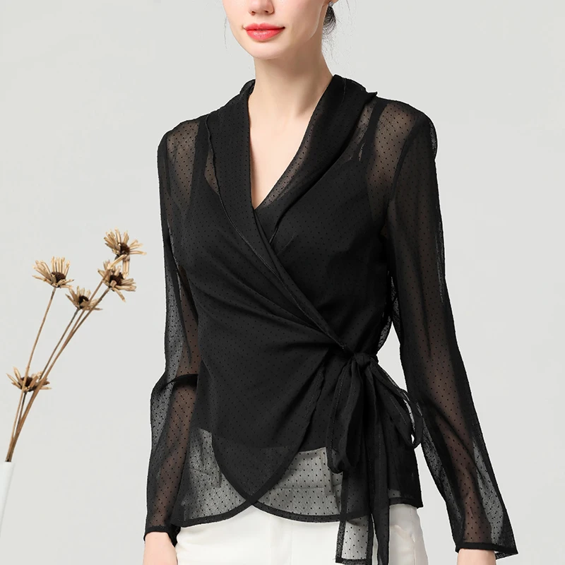 

Black Chiffon Polka Dots Women' Blouse Crossed Tie Up Belt Women Tunic With Tank Top Summer Cardigan Elegant Office Blouses