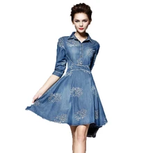 Vestido Denim 2017 Mulheres Primavera Casual Big Size 5XL Roupas Meia-manga de Médio-longo Fino Senhoras Desgaste Jean vestidos Vestido S3477