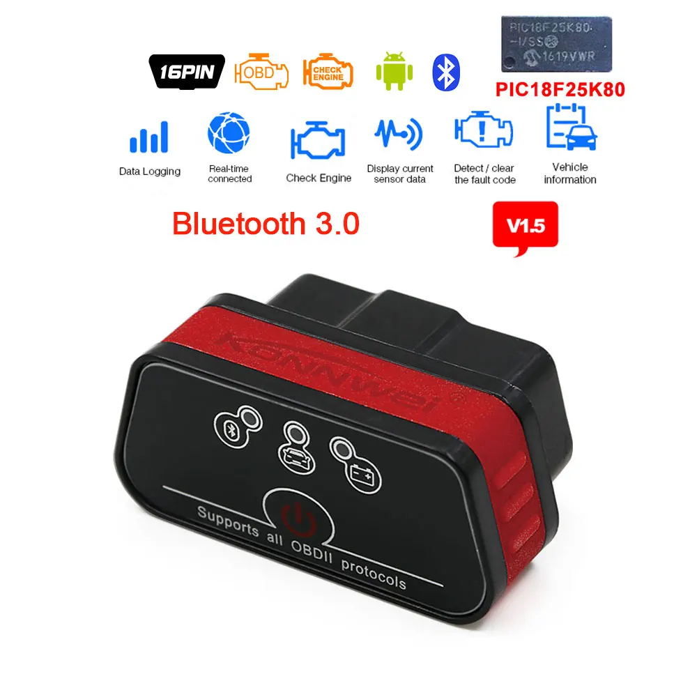 Konnwei KW901 elm 327 obd2 Bluetooth V1.5 Pic18f25k80 чип OBD2 bluetooth сканер для считывания штрих-кода диагностический инструмент крутящий момент для Android - Цвет: SC01-E02 BT3.0