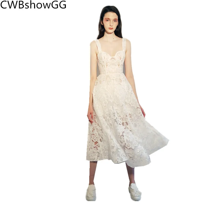 

Embroidery hollow out 2018 summer new white spaghetti strap V-Neck lace dress harness waist A-Line holiday style backless dress