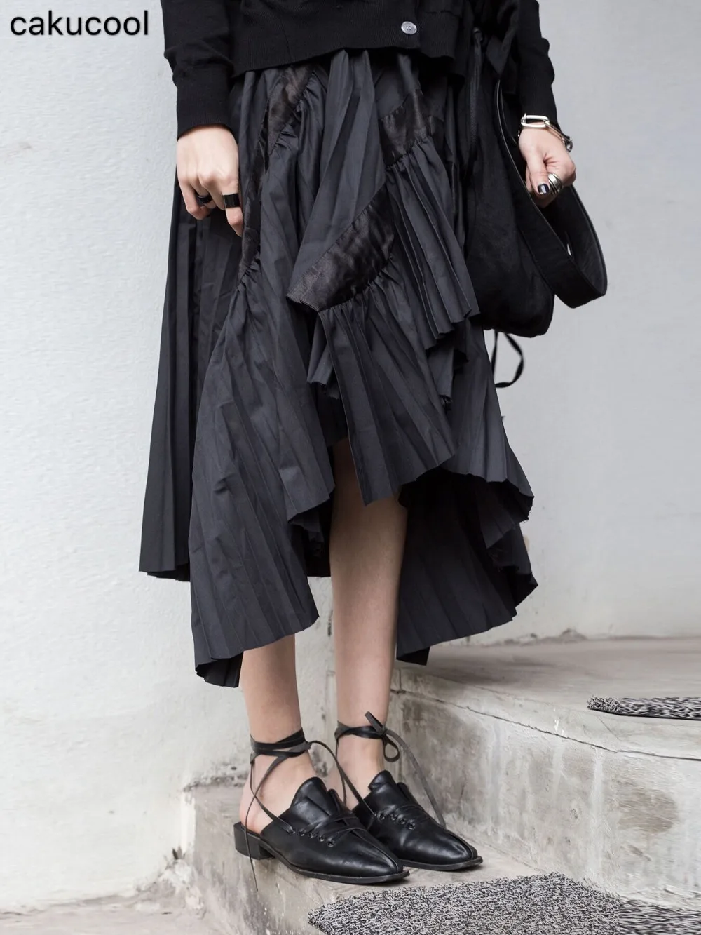 Plisada Viento Hueco Primavera 2019 Cakucool Verano Nuevo Falda Oscuro Negro Mujer Irregular Coreano Y x7Xw1Hq
