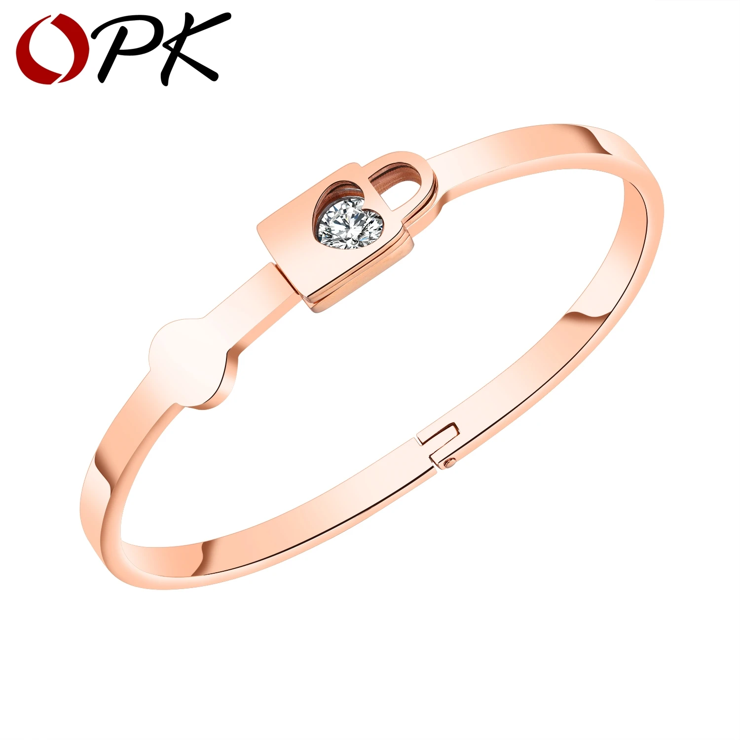 

OPK Lock Love Heart Bangle Bracelet Stainless Steel CZ 17CM Long Smooth Bracelet For Women Rose Gold Color Gift For Lady,GH909