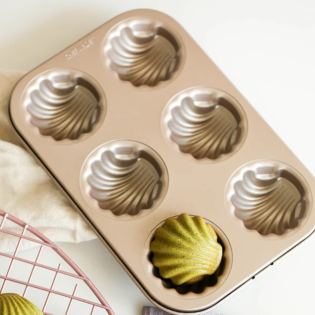 6 Cup Japanese Madeleine Shell Banana Cake Baking Mold Gold Non