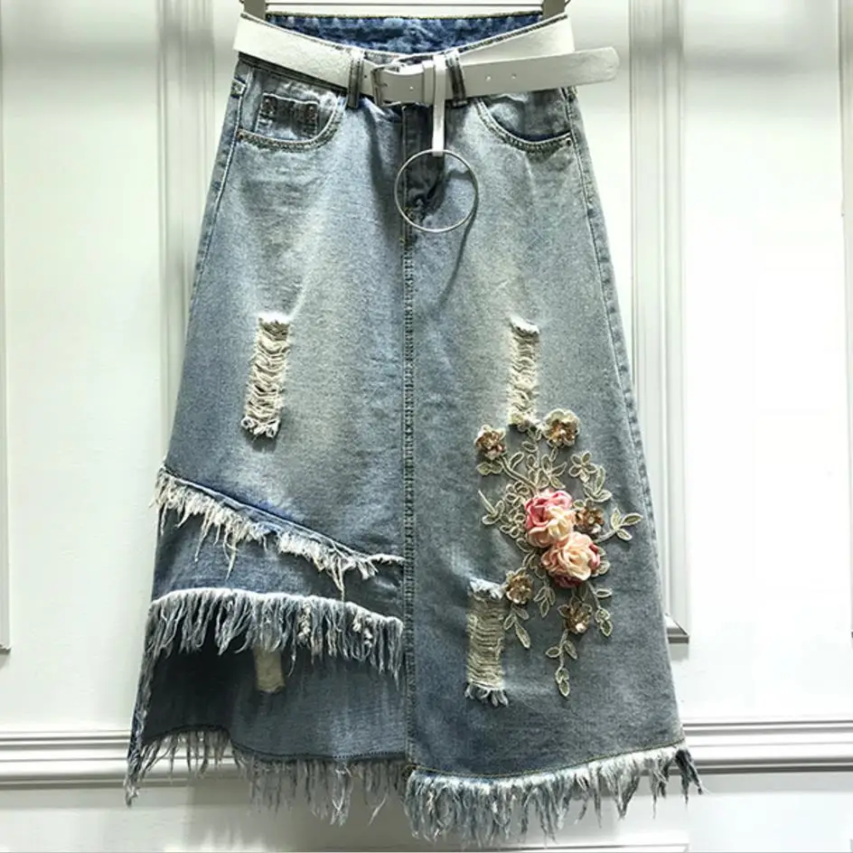 

Heavy Embroidery Sequined A-line Denim Skirt Irregular High Waist Skirt package hip jeans skirt