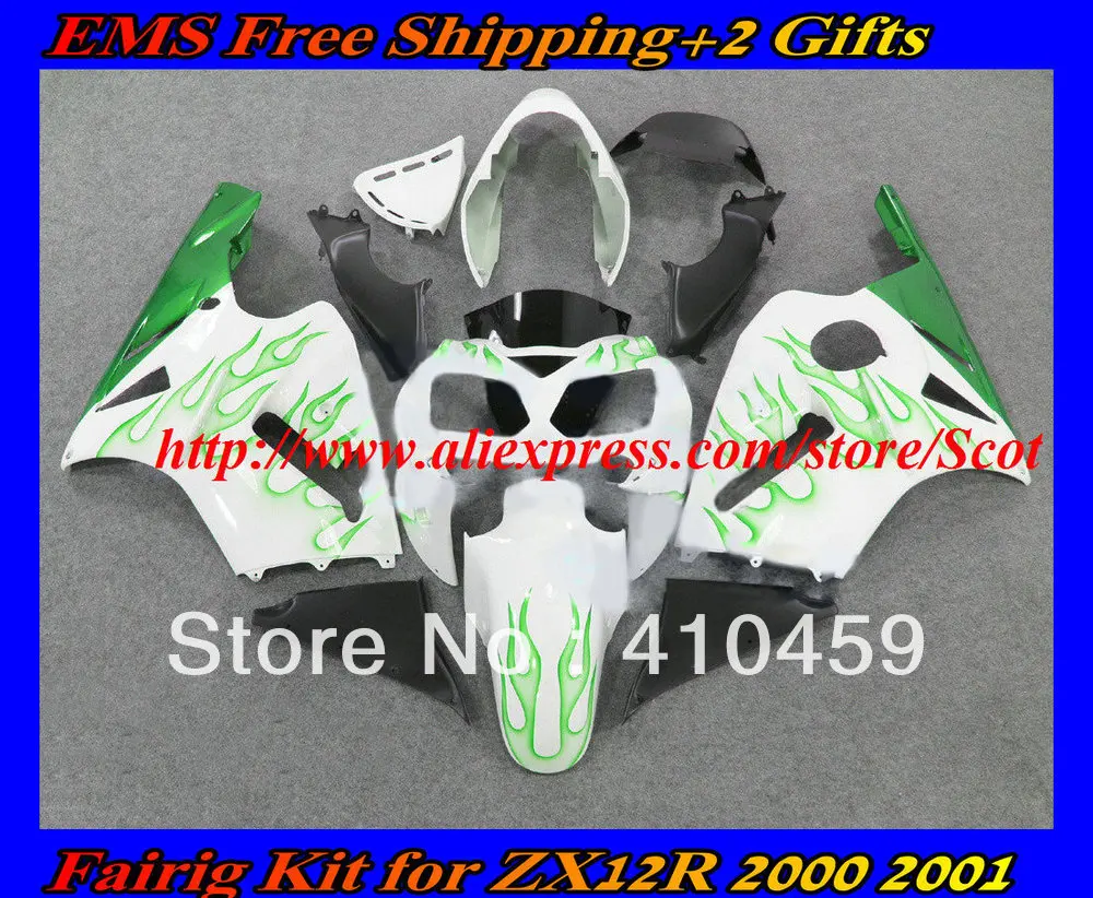 

Motorcycle Fairing kit for KAWASAKI Ninja ZX12R 02 03 04 05 ZX 12R 2002 2004 2005 ABS green flames white Fairings set
