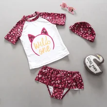 Children Swimsuit Summer Beach Girls Two Pieces Swimwear Spring Cartoon Cat Split Skirt Style Swimming Suit With Cap