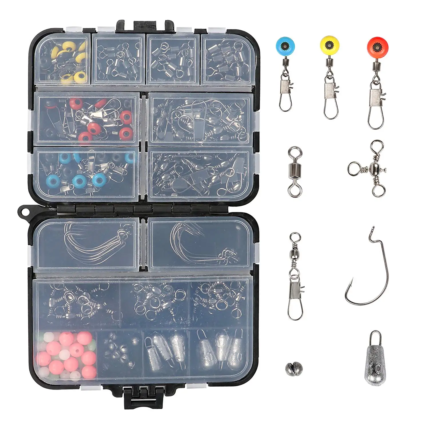 170pcs/lot LUSHAZER Fishing Tackle Box set with Fishing Hooks,Weights,Jig Heads,O-Rings, Barrel Swivels,Fastlock Snaps Saltwater