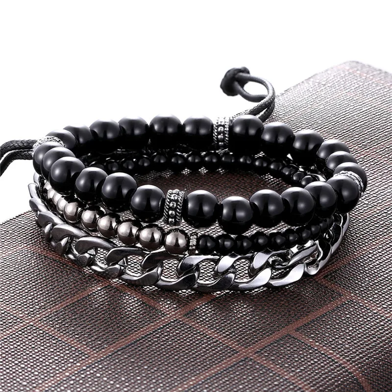 1 Set 3PCS Leather Gold Anchor Beaded Bracelet Women Stainless Steel Link Chain Charm Men's Couple Bracelets Dropshipping homme