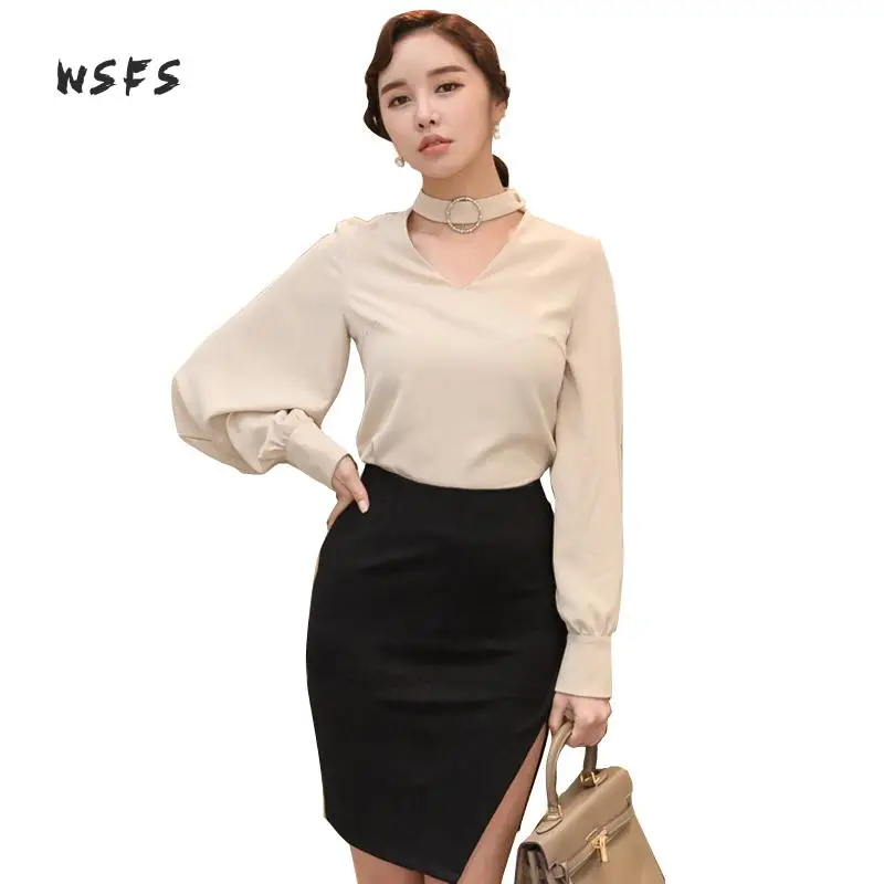 Hauts Jupes 2 Blouses Ensembles Bandage Noir En See Costumes Manches Lanter À Chemise Pièces V Long Vintage Asymétrique D'été De Robe Bureau Picture Col nqAZAXr