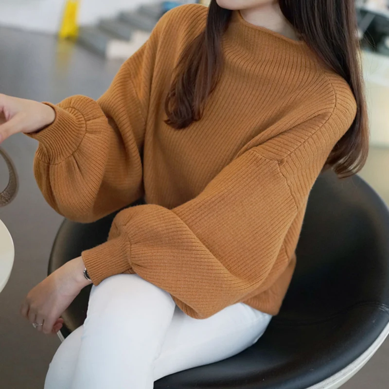 Kaufen Neue Herbst Winter Frauen Pullover Mode Rollkragen Fledermaus Shirt Pullover Laterne hülse Lose Gestrickte Pullover Weiblich Jumper Tops