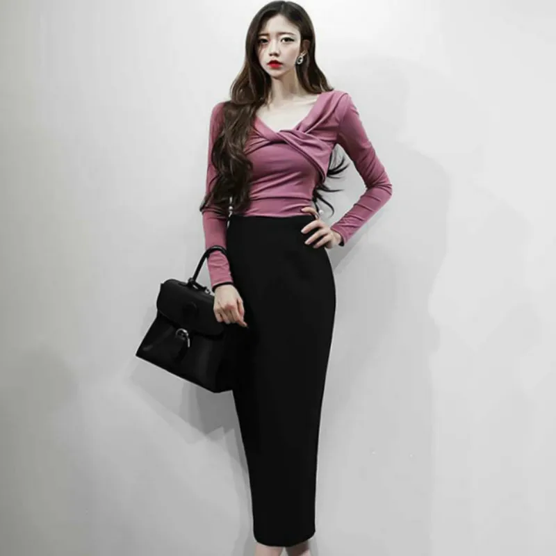

2019 Autumn V-Neck Cross Full Sleeve T-Shirt Bodycon Mid-Calf Bodycon Pencil Black Skirt Two Piece Set Sexy Party Dress