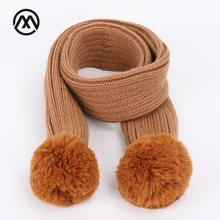 Детские трикотажные однотонные Цвет шарф осень-зима теплые помпонами для девочек, детский лыжный шарф для девочек, для мальчиков универсальный из искусственного меха оптом Пашмина