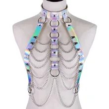 Arnés de cadena corporal holográfico, Top Punk para mujer, Holo Rainbow Waist Jewelry, traje de fiesta Rave
