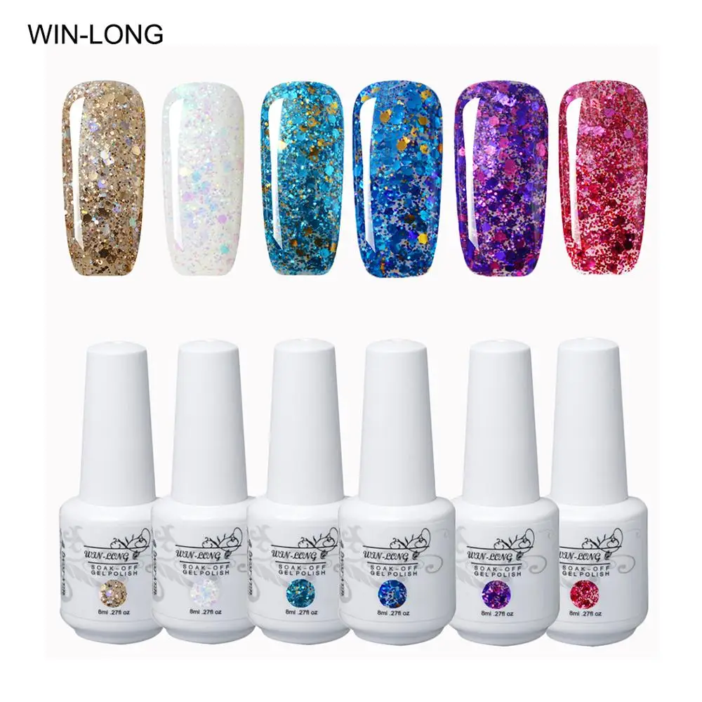 WIN-LONG 8ml Glitter Sparkles UV Gel Polish Diamond Soak Off Nail Polish Nail Art Manicure bluesky UV Nail Gel Polish Gel Varnish