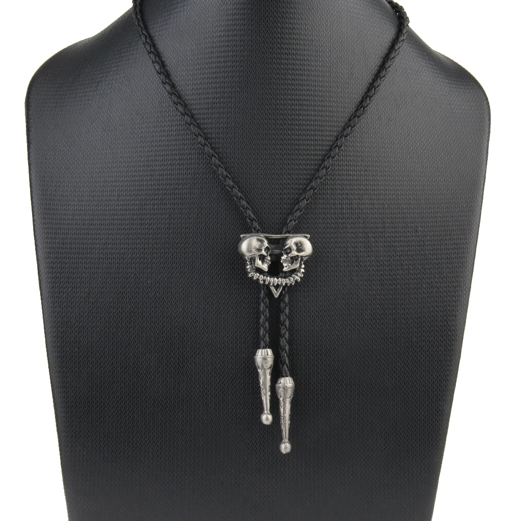 Western Cowboy American Skull Head Bolo Bola Tie Long Leather Necklace Men's Dancewear Accessories