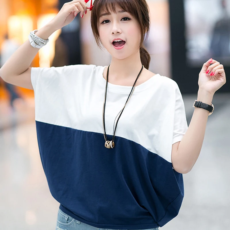 

Summer Women Ladies Loose Patchwork Stitching Color Solid Color Batwing Sleeve O-neck Short Sleeve Tops
