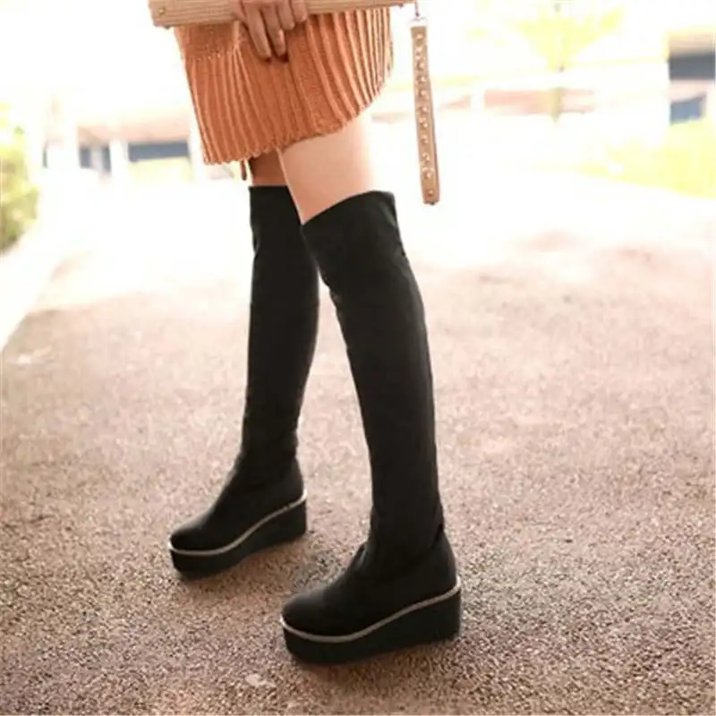 ANMAIRON обувь размеров 4–10 5 модные пикантные женские ботфорты с круглым носком зимние теплые сапоги на танкетке и высокой платформе высокие зимние сапоги