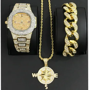

Luxury Men Gold Color Watch Men Jewelry Stylish Watch & Bracelet & Necklace Combo Set Compass Pendant Ice Out Cuban Bracelet