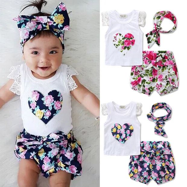 

Fashion flowers summer Baby Girls Clothing Sets 3Pcs Tops + Pants+ Headband Outfit Set Newborn Infant Baby Girls Clothes Set