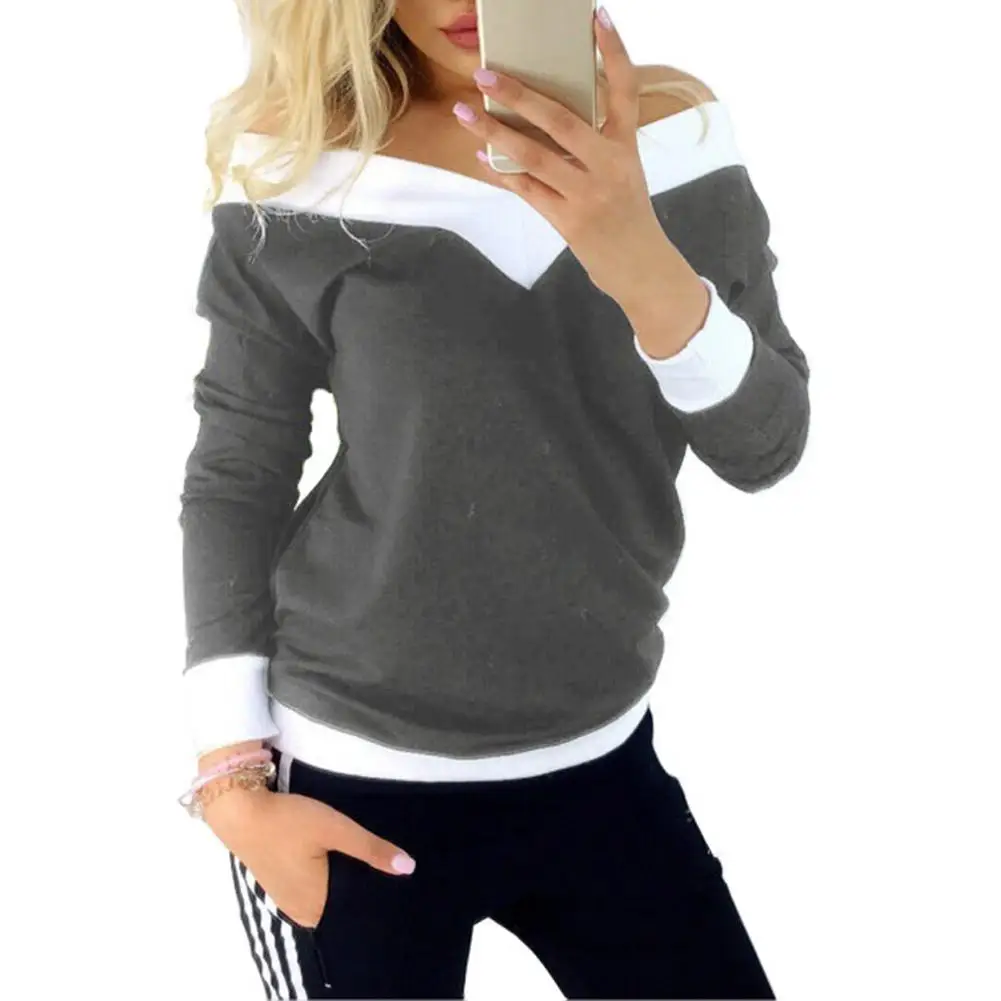 

2019 New Yfashion Women Loose V-neck Hit Color Long Sleeve Shirt