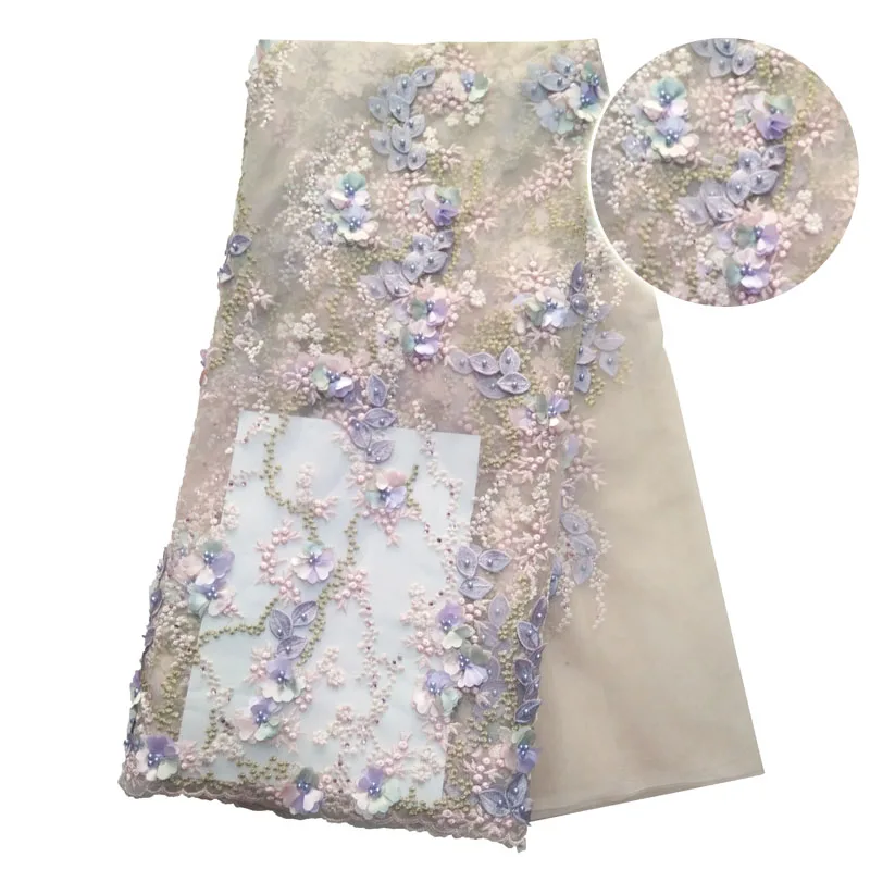 

2018 High Quality 3D flower African Lace fabric for Wedding Dress With Beads HX1108-1