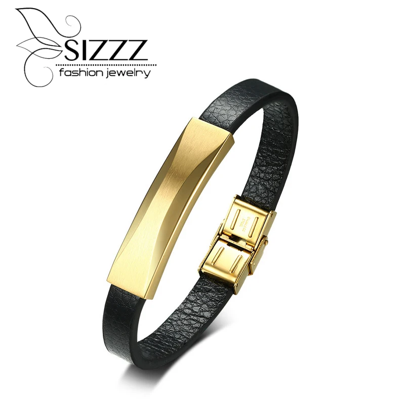 

SIZZZ Stainless steel microfiber leather black + gold color 21CM long bracelet&bangles for men