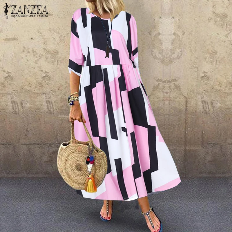 Bohemian Sundress Women Floral Printed Beach Dress ZANZEA Summer O Neck Half Sleeve Party Vestido Casual Loose Dresses Kaftan