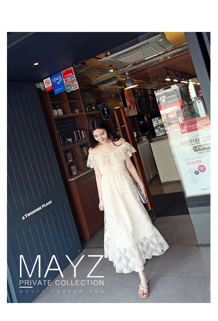

Free ship vintage casual ivory lace embroidery ruffled slash collar elastic waist lace dress