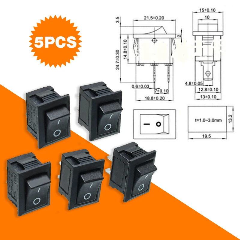 5 шт черный кнопочный мини-переключатель 6A-10A 250V KCD1-101 2Pin оснастки кнопка вкл/выключения кулисный переключатель 21*15 мм