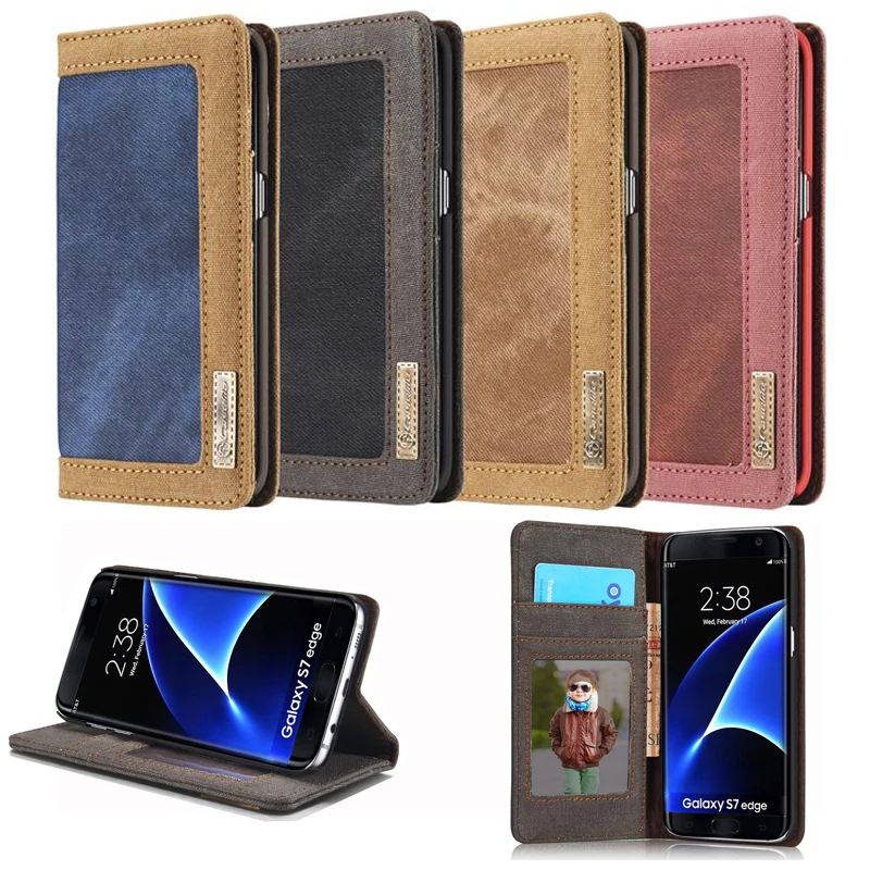 Vintage Jean Leather Wallet With Kickstand For Samsung Galaxy S6 G9200 S7 G9300 edge case Canvas Card Slots Flip Cover Shell | Мобильные