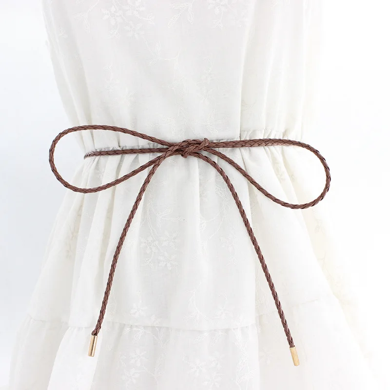 

2019 New Casual PU Leather Thin Belts for Ladies Solid Color Summer Dress Braided Waist Band All-match Girls Rope Waistband