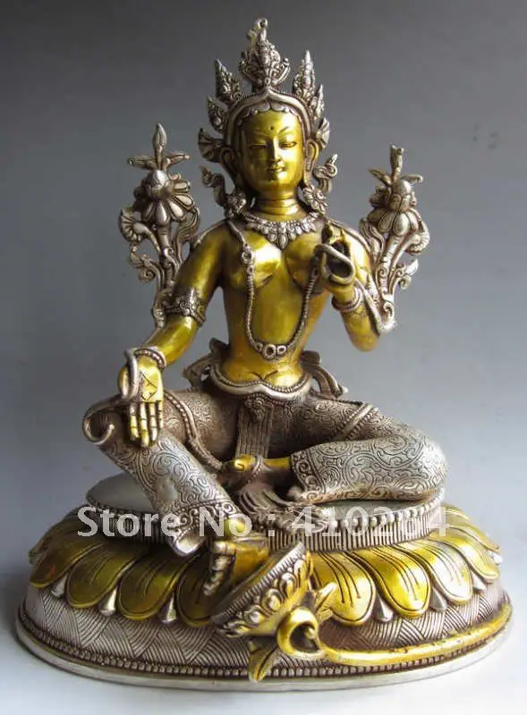 

0116P $old craft$ Fast shipping 10.6" Old Gilt Tibet Silver Green Tara Goddess Statue (A0314)