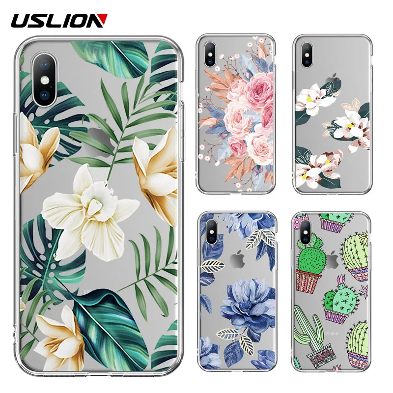 Прозрачный чехол USLION с цветами и листьями для iPhone X XS XR Xs Max мягкий прозрачный из