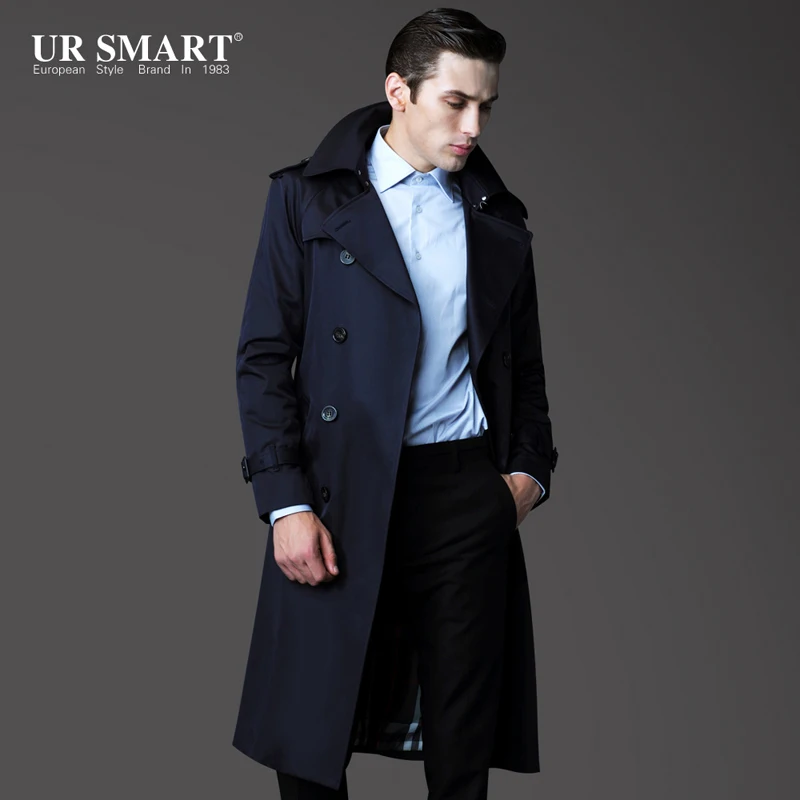 

URSMART2015 new authentic high-end men's classic double-breasted trench coat raglan sleeves Mens windbreaker