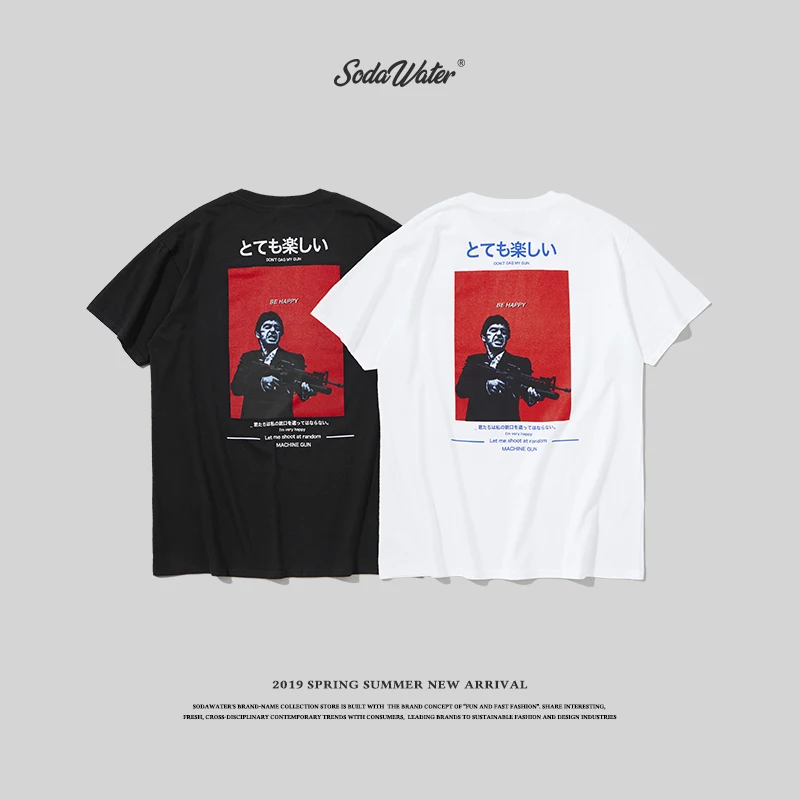 

SODA WATER 2019 Summer Japanese Streetwear Tshirt Men Short Sleeve Loose Cotton T-shirt Summer O-neck Hip Hop Printed Tee 91271S