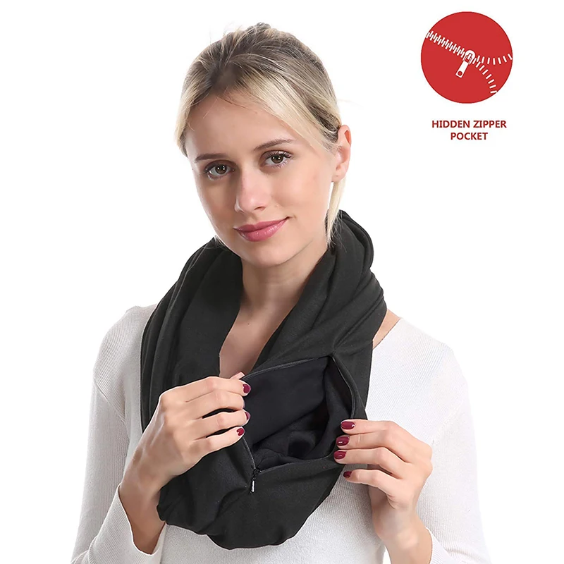 Cena Unisex Loop szaliki dla kobiet dziewczynki lekki kabriolet nieskończoność szalik Wrap z ukryty zamek błyskawiczny kieszeń rozciągliwy podróży szalik
