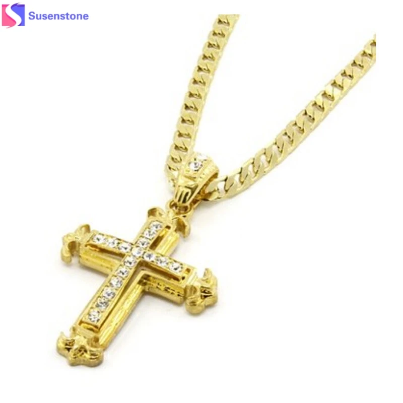 

Gold Sharp Sides Rhinestone Cross Pendant Hip-hop Cuban Necklace Chain Wooden Cross Necklace Male authoritative Necklace #3-4