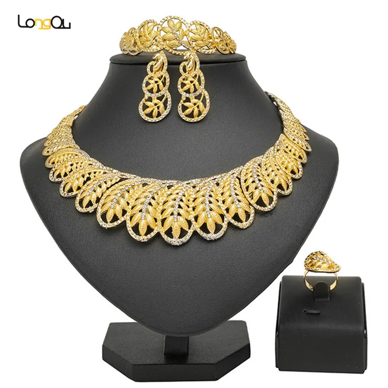 

Longqu Exquisite Dubai gold Jewelry Set Wholesale 2019 Nigerian Wedding African Beads Jewelry Set brand statement jewelry set