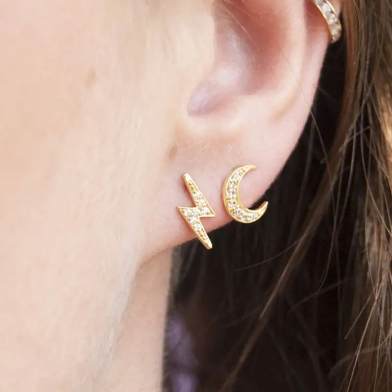 

cz lightning moon stud earring 3 color pave clear cubic zirconia minimal delicate girl ladies gift crescent moon flash stud