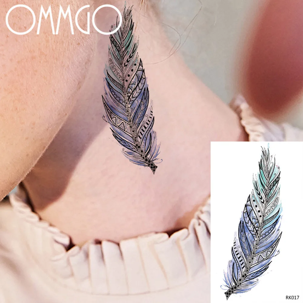 

OMMGO Tribal Totem Feather Temporary Tattoos Sticker Women Men Minimalist Custom Tattoo Body Art Wrist Fake Tatoos Waterproof