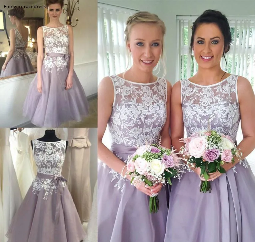 Lilac Lavender Country Short Bridesmaids Dresses A Line Sheer Neck Appliques Ruffles Knee Length Homecoming Cocktail Gowns BA9926  105 (2)