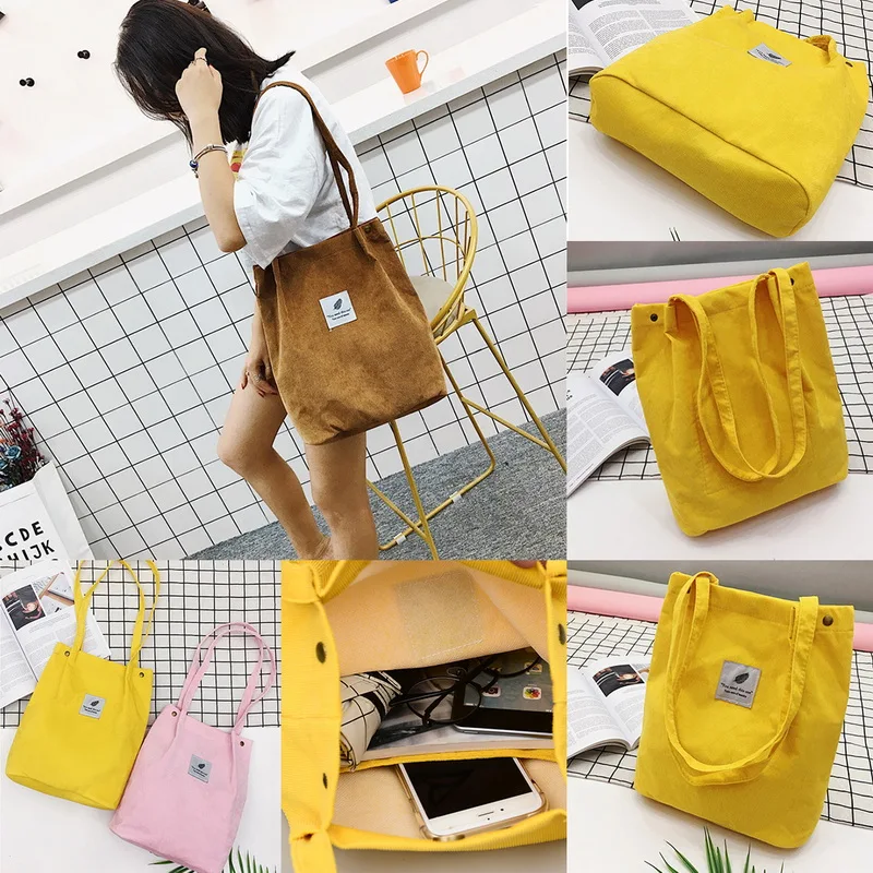 

WENYUJH High Capacity Women Corduroy Tote Ladies Casual Solid Color Shoulder Bag Foldable Reusable Women Shopping Beach Bag