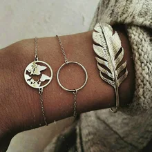 

3Pcs/Set Gothic Punk Vintage Color Map Round Bracelet Set Bohemian Round Feather Pendant Adjustable Bracelets Bangle Women Jewel